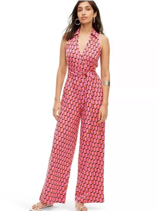 Diane Von Furstenberg Pants - NWT Diane Von Furstenberg Pink Geometric Wrap Wide Leg Jumpsuit XL